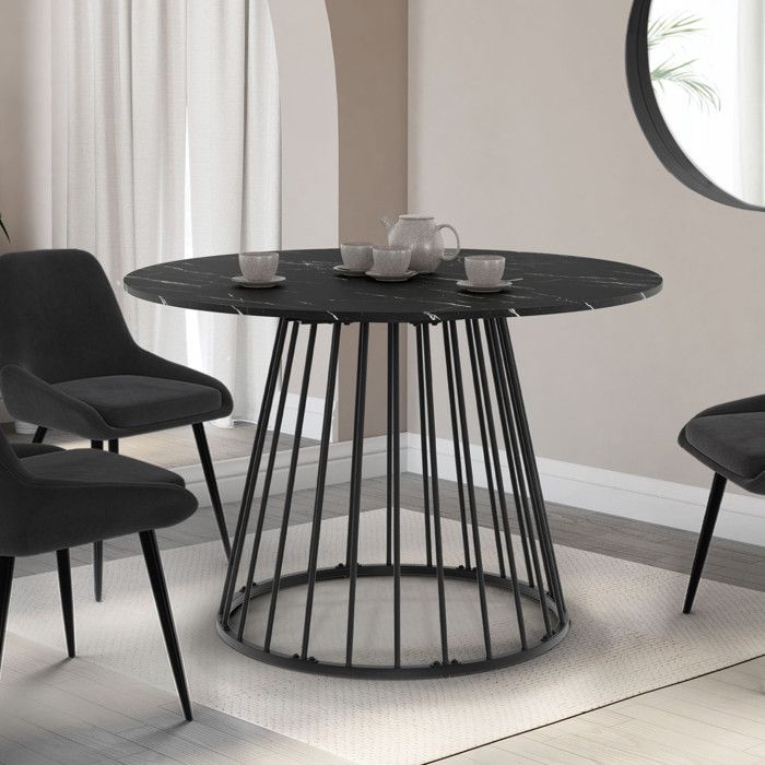 Table à Manger Ronde Marbre Noir Mosaïque – 24 Pouces – Artisanale Inde