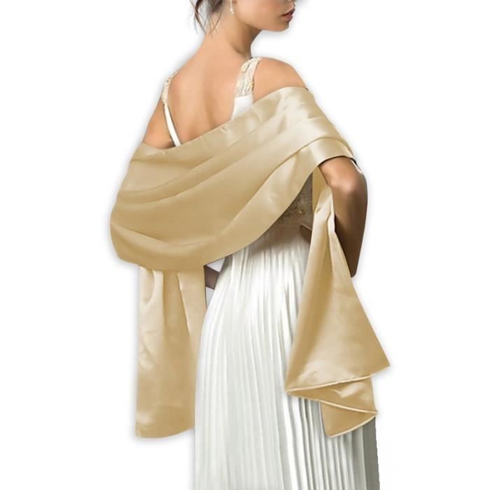 écharpe femme châle foulard étole pashmina en satin unicolore elegant soirée bal mariage cadeau grande taille 175x45cm champagne