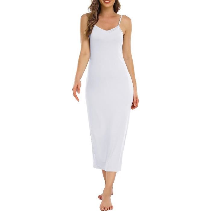 Fond de Robes Longue Lingerie Femme Modal Jupon sous Robe Bretelles Slip Elgant Chemise de Nuit sans Manches Sexy Fonds de blanc Blanc Cdiscount Pret a Porter