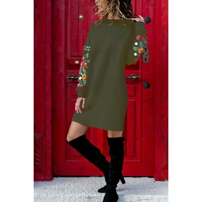 Pull Loose Robe Femme Hiver Manche Longue Casual Fleuri Mini Jupe Col round Manches Blouse Vert