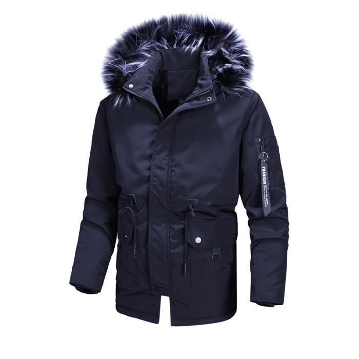 Manteau de laine long col fourrure amovible pour homme