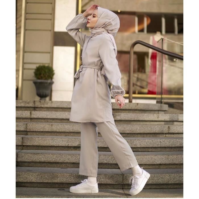 Ensemble 2 Pièces Musulman Pour Femme - Chemise Manches Longues & Pantalon Large, Style Abaya Décontracté Dubaï