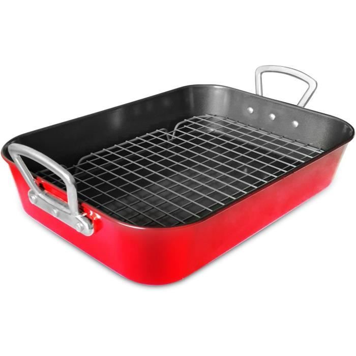 Plat à Rôtir Avec Grille En Acier Inoxydable - 39x28x6 Cm, Poignées, Facile à Nettoyer