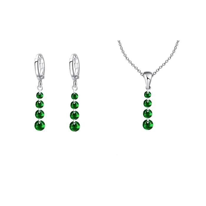 Parure Bijoux - Femme - Chute - Cristal - Autrichien - Vert - Emeraude - Plaqué Or Blanc 750/1000 - 4 Pièces