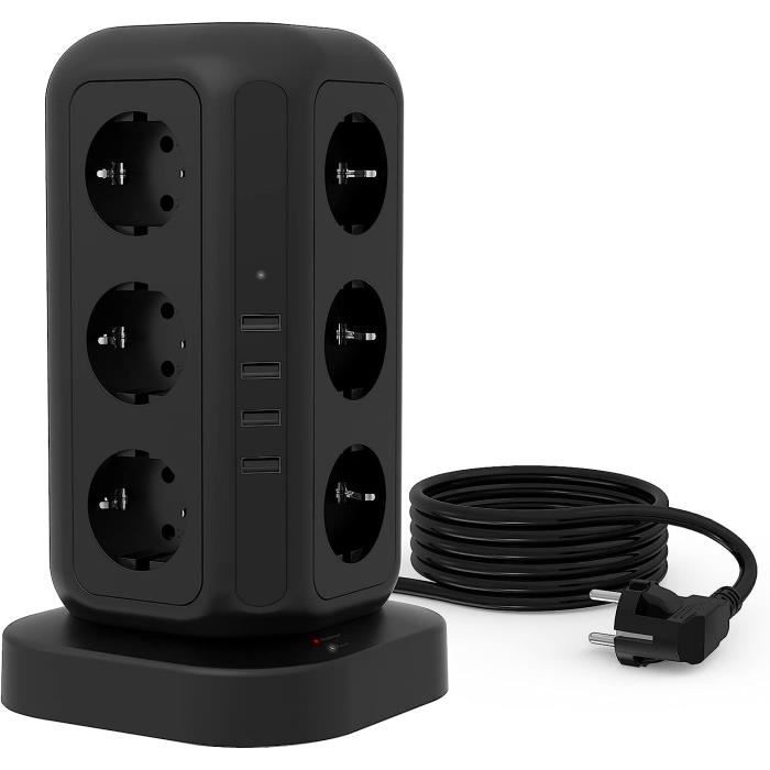 Multiprise Parafoudre 12 Prises + 5 Ports USB, Cordon 2m - Pour Bureau Et Maison, Noir