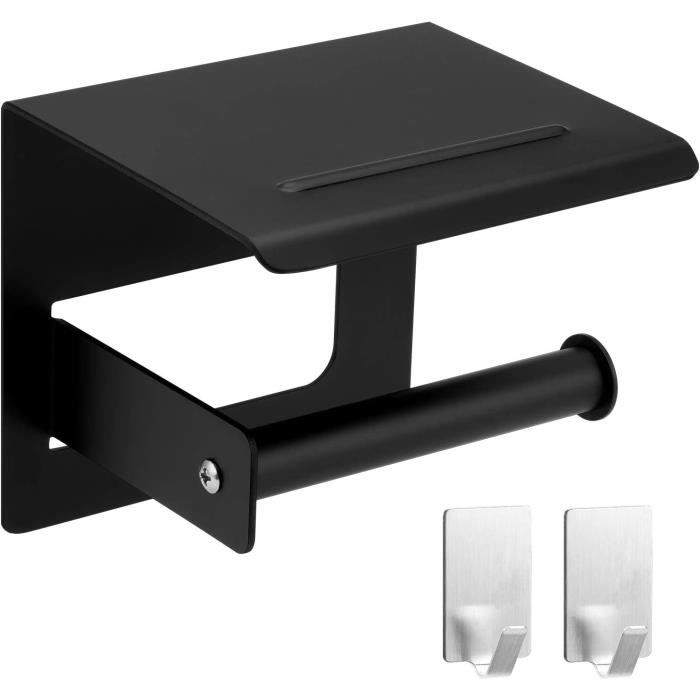 Porte Papier Toilette Mural Adhésif Avec Rangement - Support Inoxydable Noir Anti-Empreintes