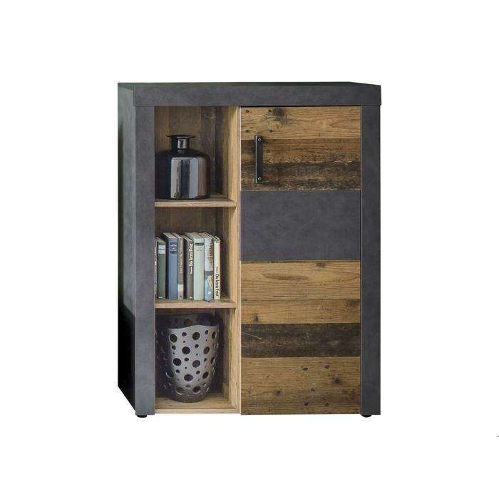 INDY - meuble de salon - Bahut en mélaminé coloris bois effet vieilli avec une finition gris ciment. L - H - P : 87 - 118 - 34 cm INDY - meuble de salon - Bahut en mélaminé coloris bois effet vieilli avec une finition gris ciment. L - H - P : 87 - 118 - 34 cm