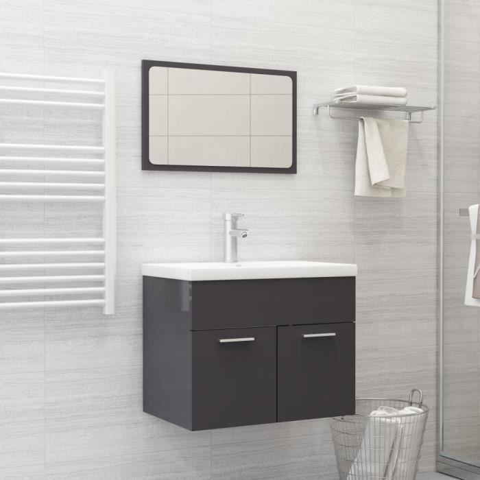ensemble meuble salle de bain - simple vasque - l 60cm, meuble sous lavabo + mirror, gris brillant l33