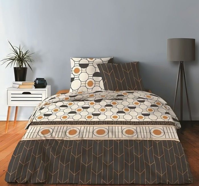 Parure Drap 3 Pièces Jules 240x300 Cm + 2 Taies 65x65 Cm – 100% Flanelle Coton Gris/Jaune Géométrique