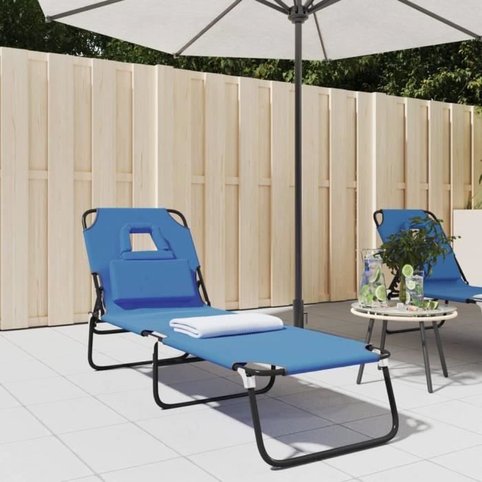 Chaise longue - pliante bleu tissu oxford acier enduit de poudre - 189x56x83 cm