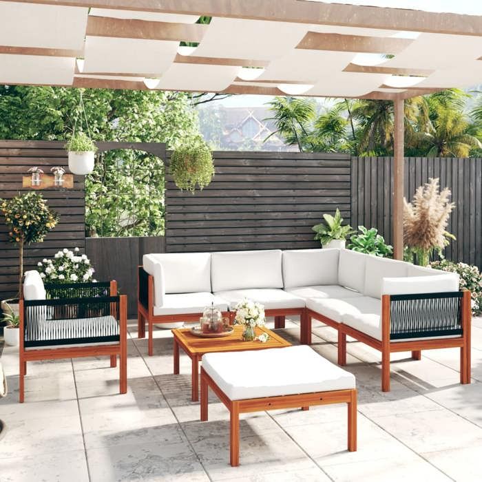 vidaXL Salon de jardin 8 pièces avec coussins bois dacacia crème et corde 3057890