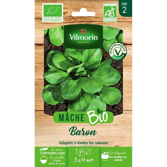 Graines potagères - VILMORIN - Mâche baron bio - Adaptée à toutes les saisons - Vert - Plante potagère
