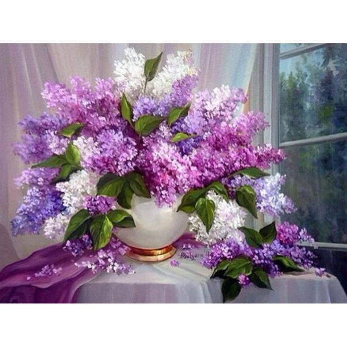 Kit Peinture Par Numéro Adulte – Fleurs Lilas Bleu, Toile 40x50 Cm, Acrylique, DIY Relaxant, Déco Maison Et Cadeau Débutant