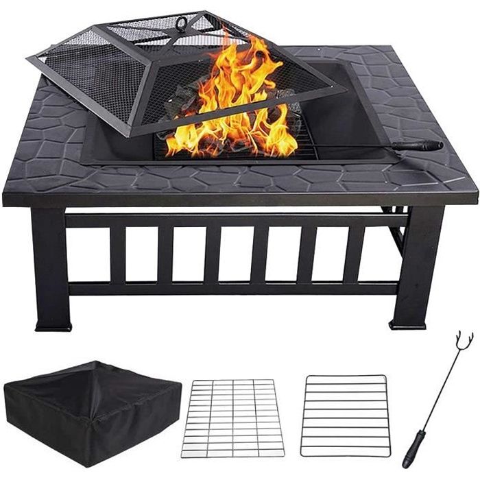 Cheminée De Jardin Noire Relaxdays – Brasero En Acier, Porte Pare-étincelles, Parfaite Pour Terrasse & Soirées D'été Ou D'hiver