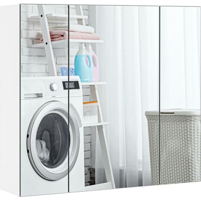 Armoire Murale Salle de Bain avec 3 Miroirs - Yaheetech - Placard de Rangement Toilettes - Étagère Hauteur Réglable