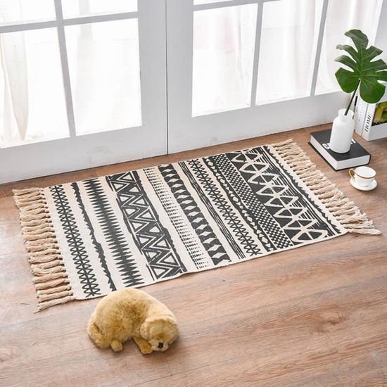 Tapis De Chevet Bohème Winwinplus – Coton Tissé Main 60x130 Cm – Avec Pompons – Décoration Salon/Chambre