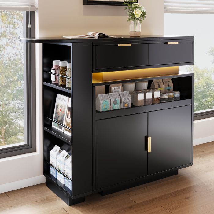 Table bar extensible 115-183 cm, îlot cuisine, rangement, éclairage LED ...