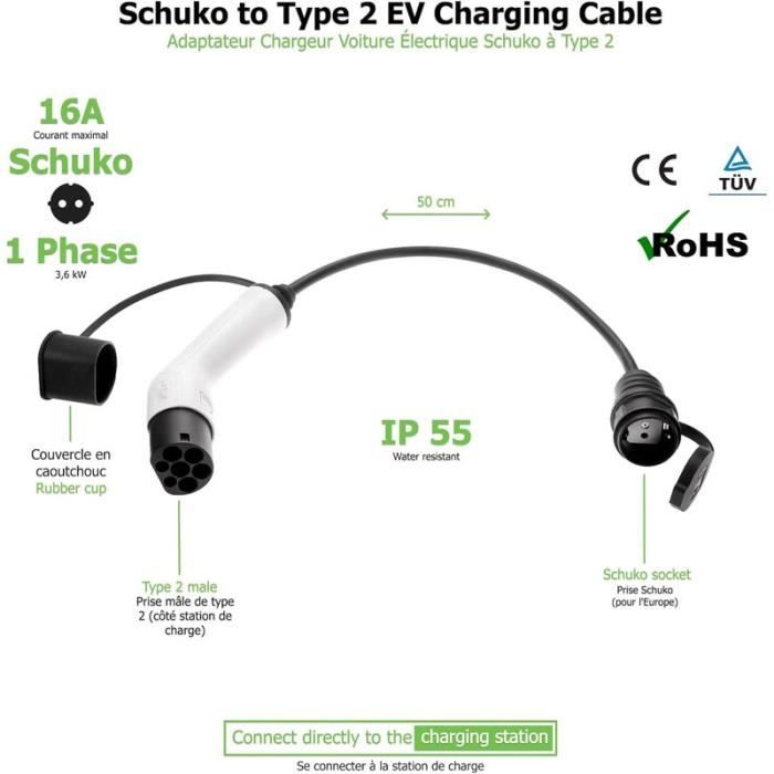 Adaptateur Chargeur Voiture Électrique Schuko à IEC 62196 Type 2