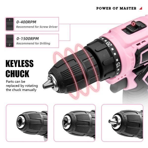Kit Perceuse Accessoires Perceuse-Visseuse Sans Fil DEKOPRO 8V Rose - Avec 42 Accessoires Porte-forets 10mm