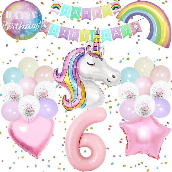 Décorations d'anniversaire de licorne pour filles 6ème anniversaire -  Bouquet de ballons de licorne pour les fournitures de fête de licorne  arc-en-ciel (numéro 6)