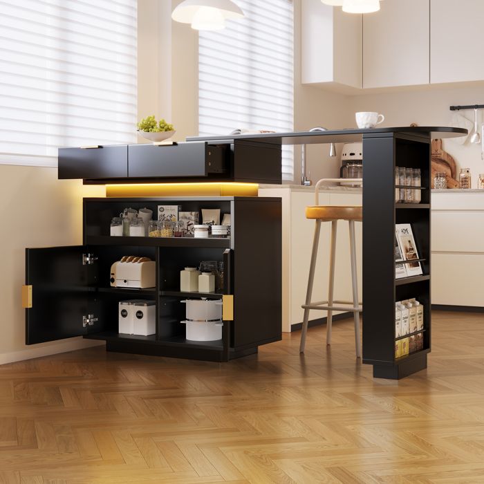 Table bar extensible 115-183 cm, îlot cuisine, rangement, éclairage LED ...