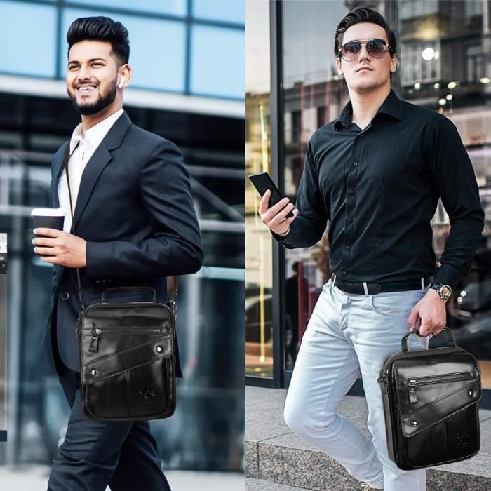 Sac a bandouliere en cuir pour homme Noir Pratique et vintage Grande capacite Noir Cdiscount Bagagerie Maroquinerie