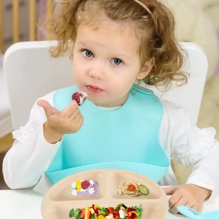 Assiette Bébé Compartimentée En Inox Avec Ventouse - Set Avec Couverts, Rose, Lavable Au Lave-vaisselle