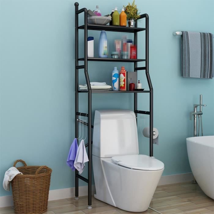 Étagère 3 Niveaux Machine à Laver / WC - Gain De Place Avec 5 Crochets, Noir Mat Stable