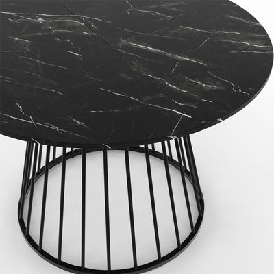 Table à Manger Ronde Extensible Yuna – Plateau Effet Marbre Blanc, Pied Métal Noir, 110-150 Cm, 4-8 Personnes