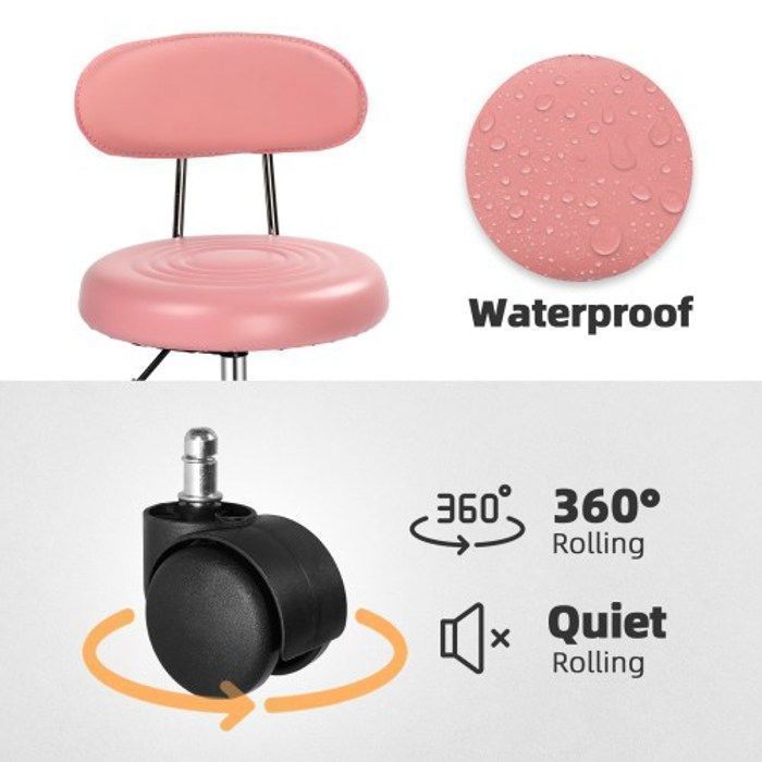 Tabouret Pivotant 360 Degrés Tabouret De Bureau Avec Dossier Et Roulettes Bonnlo - Hauteur Réglable 48-58 Cm, Rotation 360°, Revêtement PU, Rose