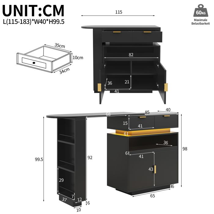 Table bar extensible 115-183 cm, îlot cuisine, rangement, éclairage LED ...
