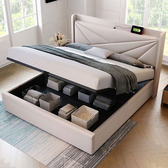 Lit Coffre Lit Double Lit Adulte Lit Adolescent 140 X 200 Cm Avec Lampe De Lecture Avec Chargement Usb Pu Gris Matelas Inclus 91269166