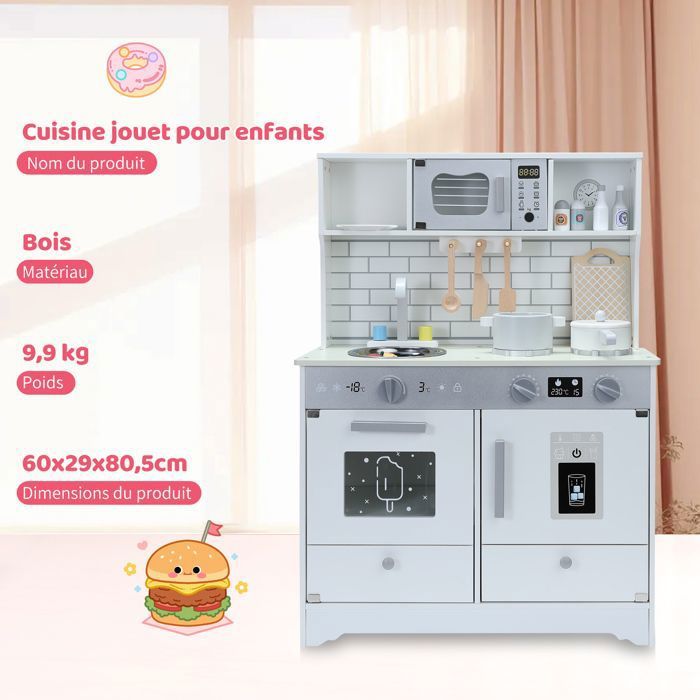 Cuisine Enfant En Bois Clevich – 81x74x30 Cm – Bleue – Avec Machine à Glace, Téléphone, Horloge, Ustensiles – Effets Sonores – Dès 3 Ans – Cadeau Idéal