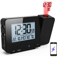 Réveil à projection avec thermomètre/hygromètre Horloge numérique Affichage à LED à intensité variable Rotatif à 180 ° 12/24H Noir