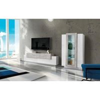 Meuble mural Mirko - DMORA - Ensemble de salon meuble TV - Blanc brillant et Ciment - 280x45h121 cm