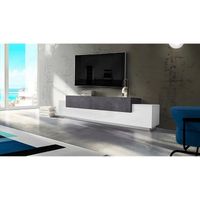 Meuble TV de salon - DMORA - 240x45h52 cm - Blanc Brillant et Gris Frêne