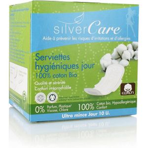 SERVIETTE HYGIÉNIQUE Serviettes Hygièniques - Silvercare Protection Féminine Serviette Fine Jour 100% Coton Bio Boîte 10 Unités
