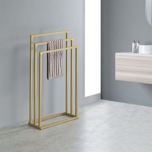 PORTE SERVIETTE Porte-serviettes sur pied KUNO portant pour vêtements et linge de salle de bain avec 3 niveaux d'étendage, structure en métal doré