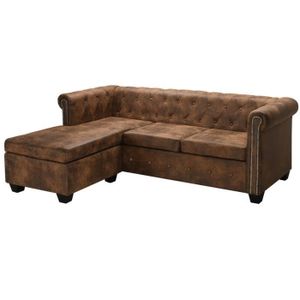 CANAPÉ FIXE Canapé d'angle en cuir marron style vintage - OVONNI - Chesterfield - 140x200cm - 3 personnes