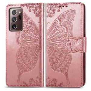 HOUSSE - ÉTUI 2 Verre Trempé+Coque Samsung Galaxy Note 20 Ultra (5G), Papillon Fleur Porte-Cartes en Cuir Ultra-mince Anti-Rayure, Or Rose