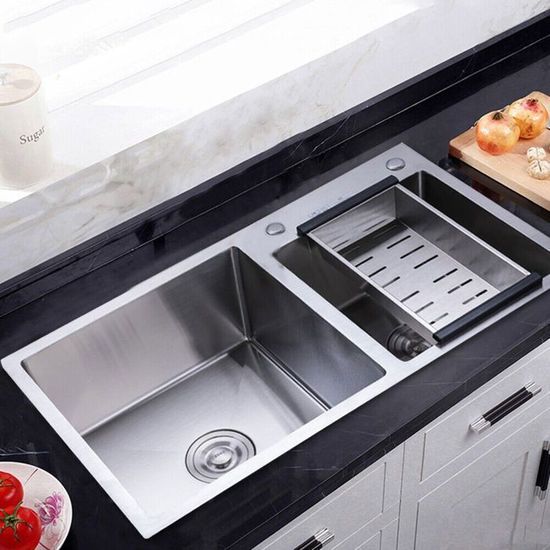 Évier Double Acier Inoxydable – 78x43x21cm – Avec Vidange – Neuf