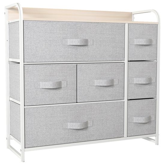 Commode 8 Tiroirs YITAHOME - Tissu Blanc Avec Dessus Bois | Rangement Chambre, Salon | 88,5x30x98 Cm