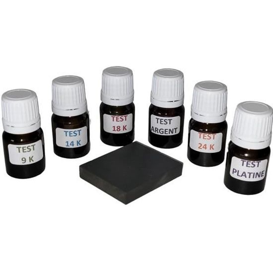 Kit Test Oro E Argento - 6 Flaconi Con Spatola Per 9K, 14K, 18K, 24K, Argento E Platino, Con Pietra Di Tocco
