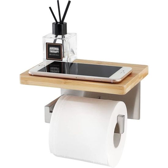 Porte-papier Toilette Mural En Bambou Avec étagère - Fixation Adhésive Ou Perçage - Dimensions 31,5 X 12,5 X 8,5 Cm - Inclut Tout Le Nécessaire De Montage