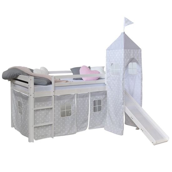 Lit Mezzanine Enfant Avec Toboggan & Armoire - 90x200cm, Pin & MDF, Blanc/Naturel