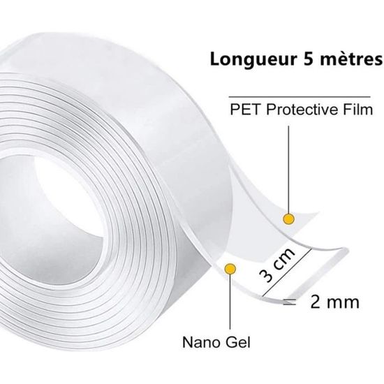 Ruban Adhésif Double Face Extra Fort - 3 M De Long, 5 Cm De Large, Transparent - Pour Fixation Murale Solide, Sans Traces Après Retrait - 5