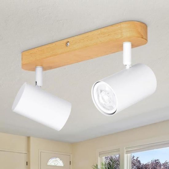 Plafonnier Bariloche Design Bois, Raffia & Métal Blanc – 3 Spots Pivotants Avec Abat-jours Grillagés, Lumière Effet Plafond Magnifique, 3x E27 (Ampoules Non Incluses)