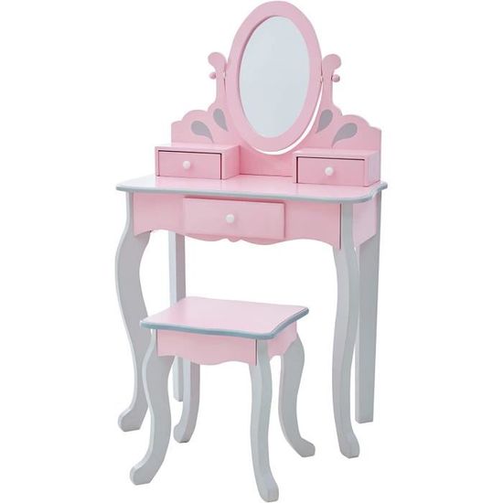 Coiffeuse Enfant 2 En 1 Bois Avec Miroir LED - Bureau Fille, 2 Tiroirs, Tabouret, 60x30x99.3 Cm, Blanc