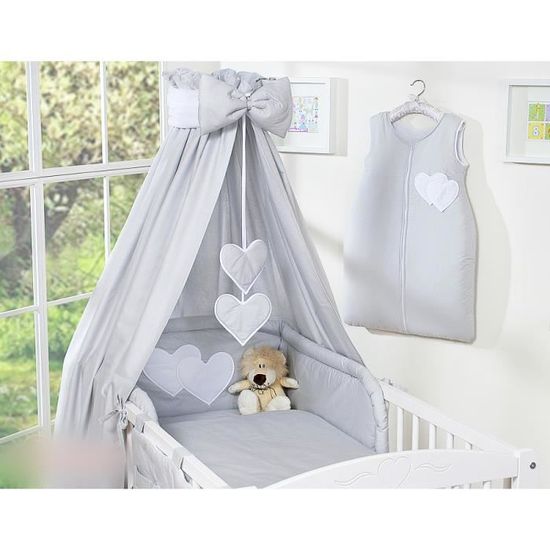 Ensemble de lit bébé en tissu gris à coeurs - SWB - 140x70 - Housse de couette 100x135 et d'oreiller