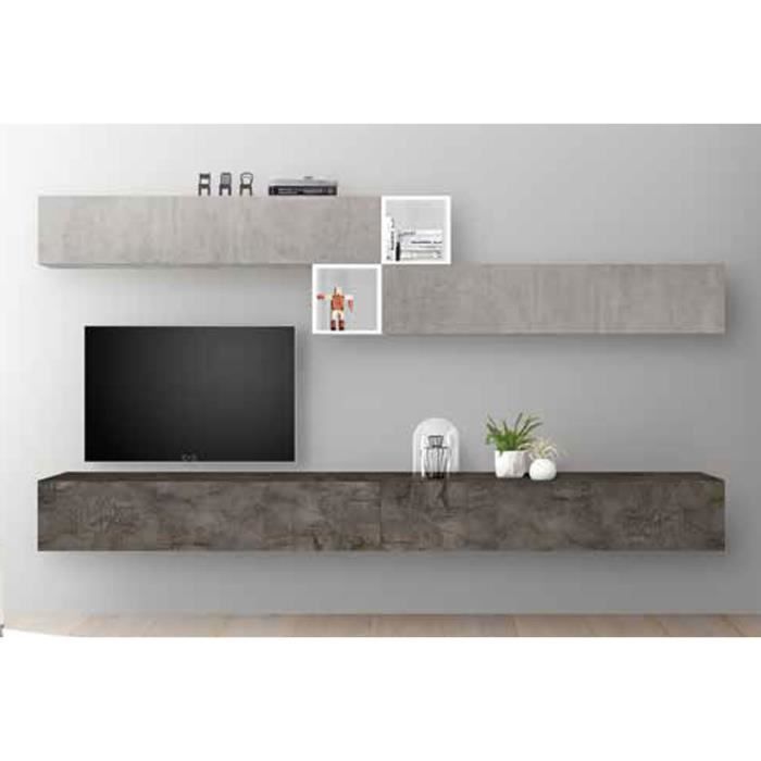 LUDOVICA 49 LAQUE BETON ET OXYDE ET BLANC ENSEMBLE COMPOSITION MURALE MEUBLE TV TENDANCE